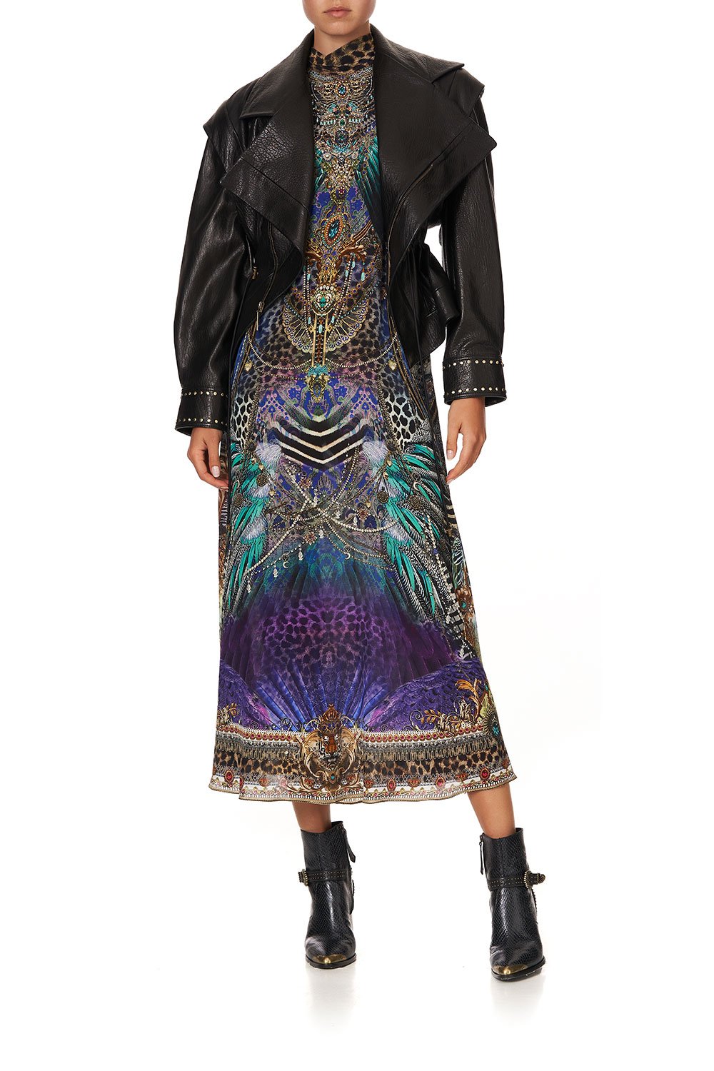 HIGH NECK DRESS WITH BACK NECK TIE ANIMAL ARMY