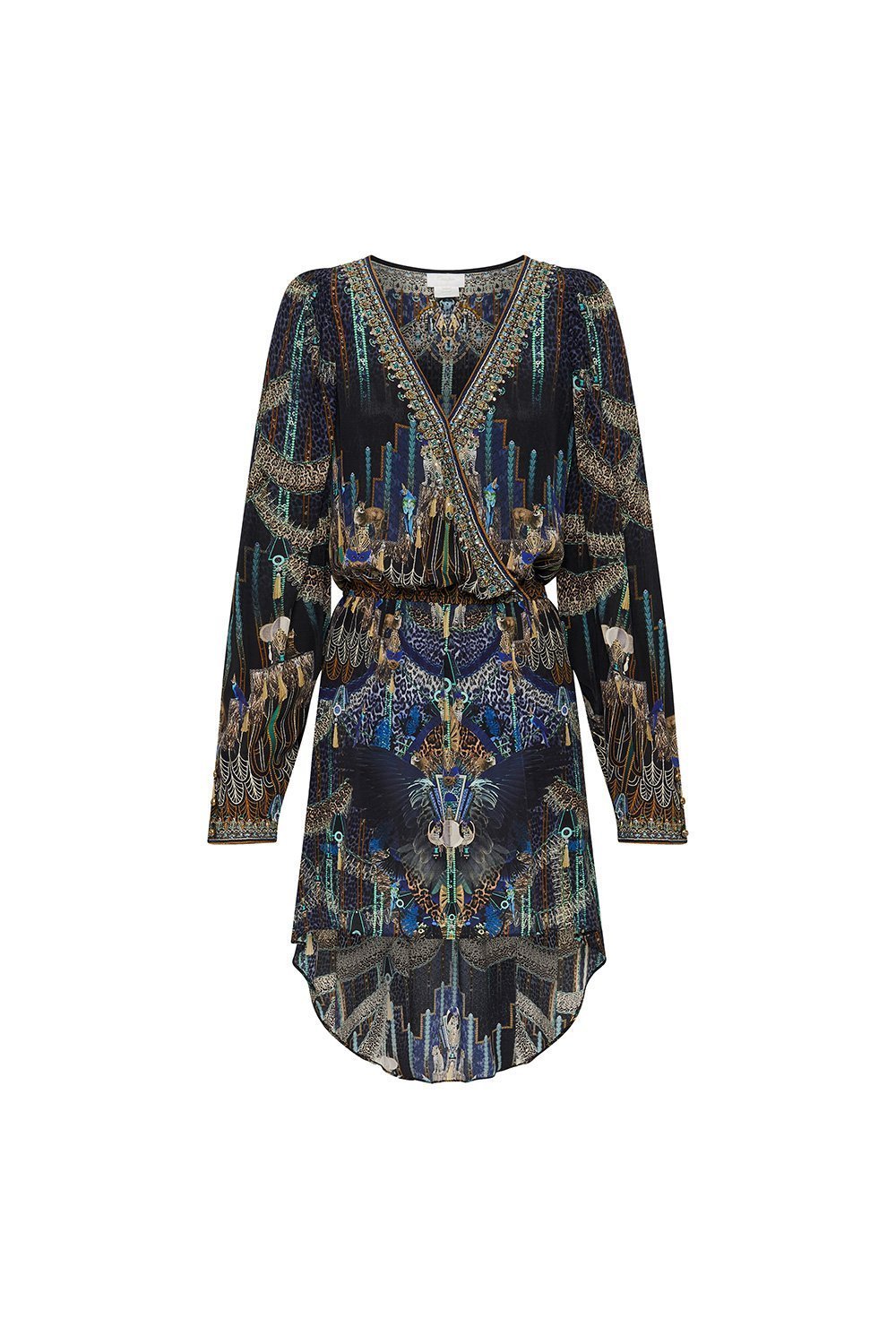 CROSS FRONT HIGH LOW MINI DRESS DRIPPING IN DECO