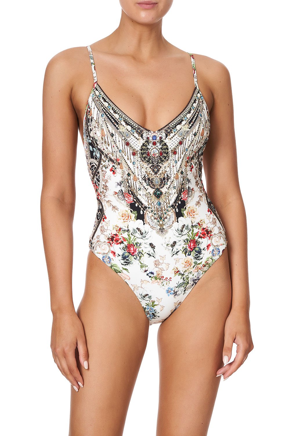 V NECK HIGH LEG ONE PIECE SHAKESPEARES GARDEN