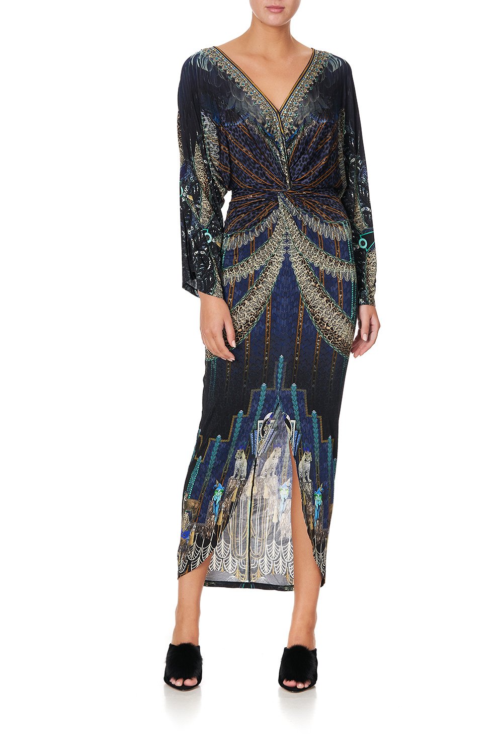 LONG SPLIT FRONT TWIST DRESS DRIPPING IN DECO