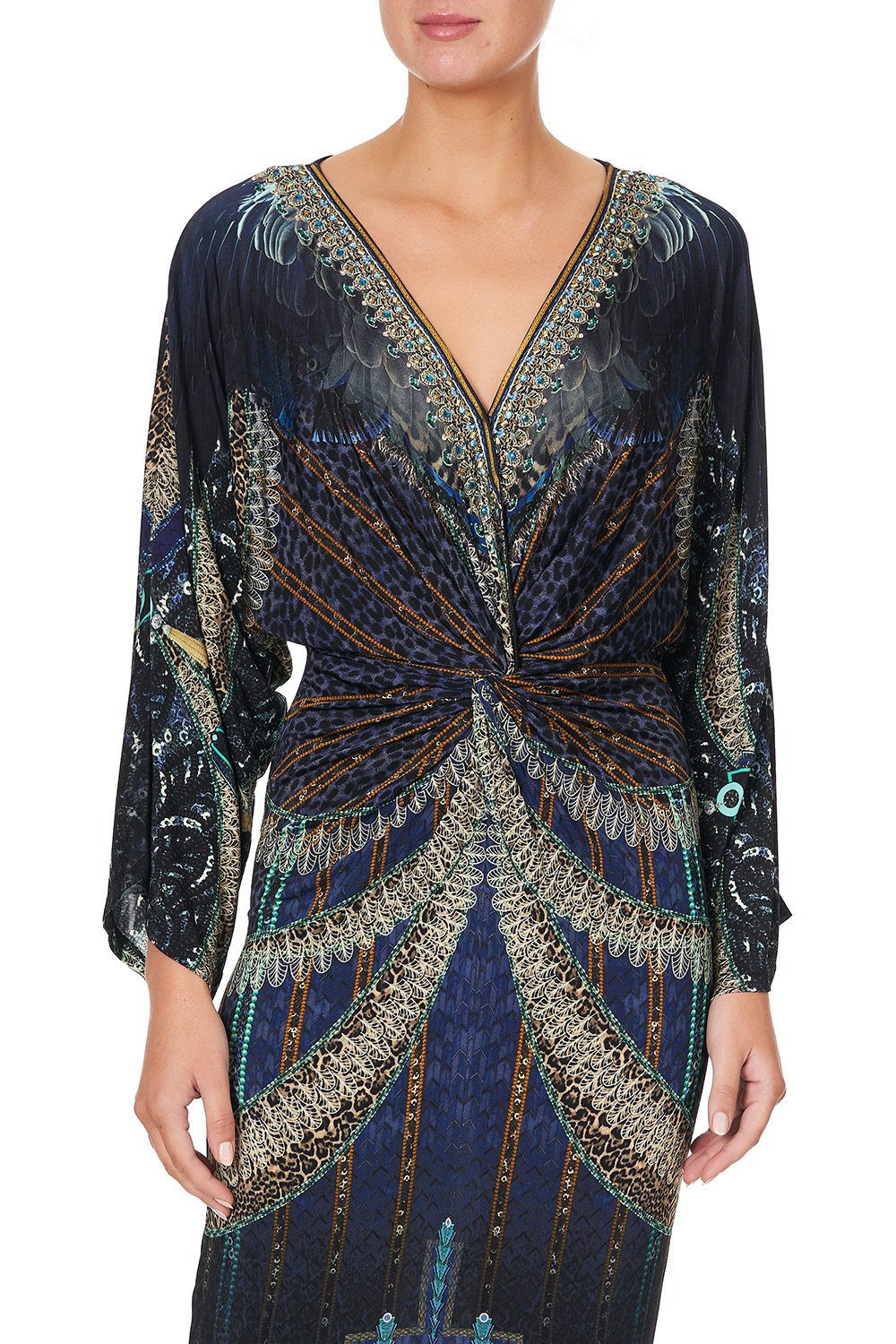 LONG SPLIT FRONT TWIST DRESS DRIPPING IN DECO