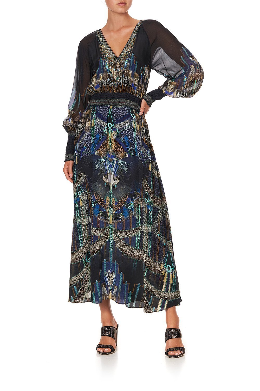 DRESS WITH SHIRRED WAIST AND CUFF DRIPPING IN DECO