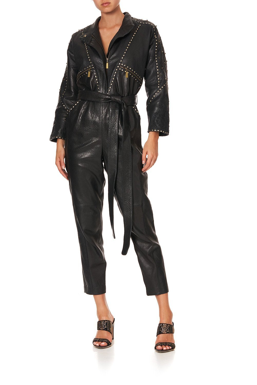 ZIP FRONT PANEL LEATHER JUMPSUIT LEATHER