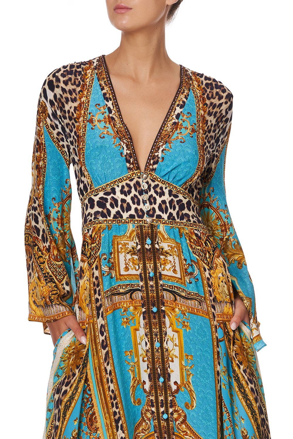 KIMONO SLEEVE DRESS WITH SHIRRING DETAIL DRIPPING IN DECADENCE