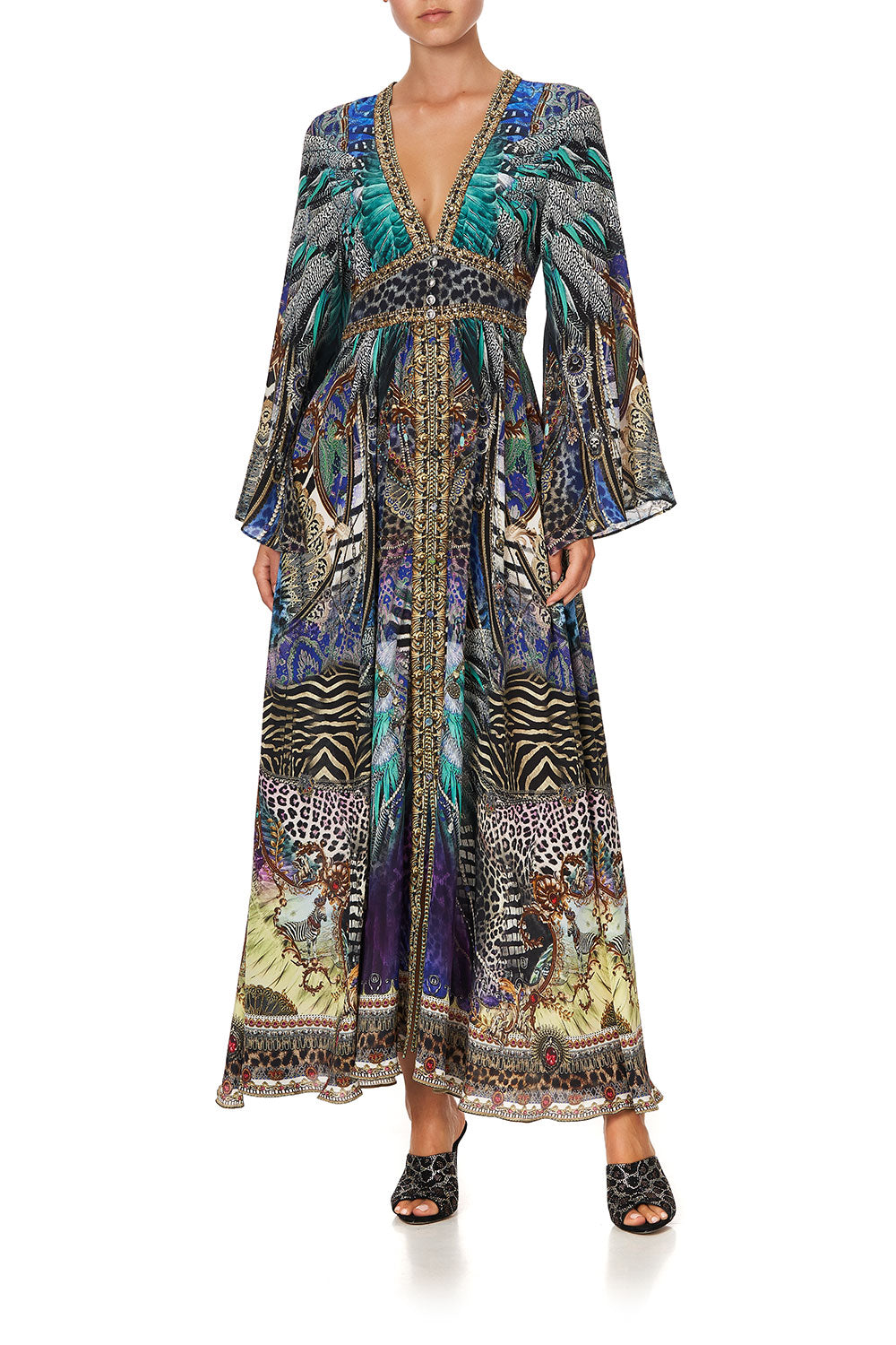 KIMONO SLEEVE DRESS WITH SHIRRING DETAIL ANIMAL ARMY