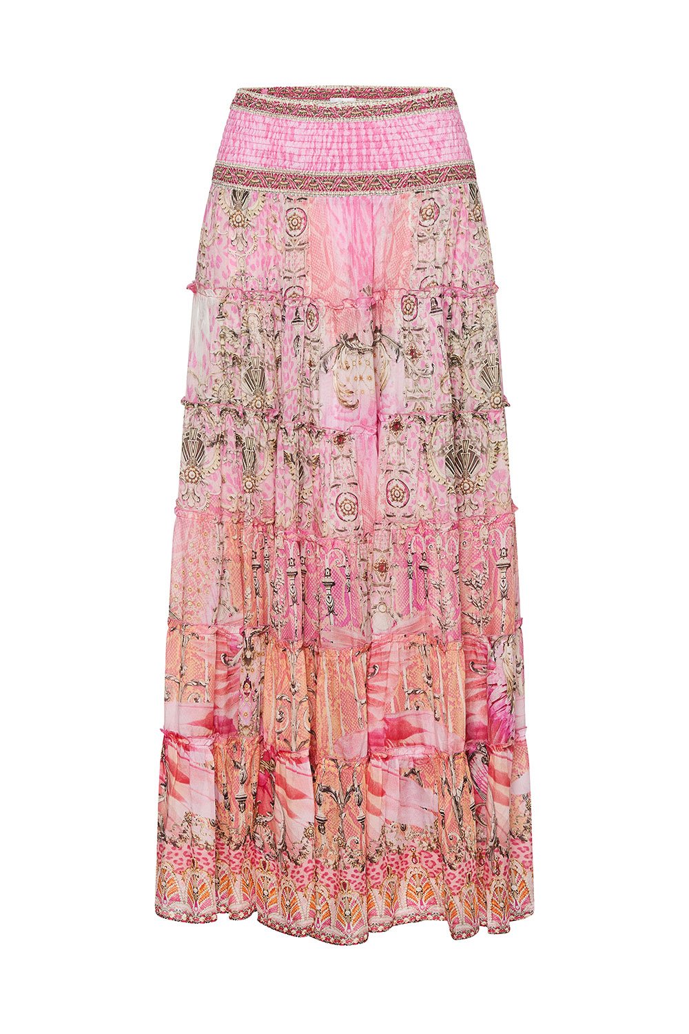 SHIRRED WAIST TIERED CIRCLE SKIRT DECO DARLING