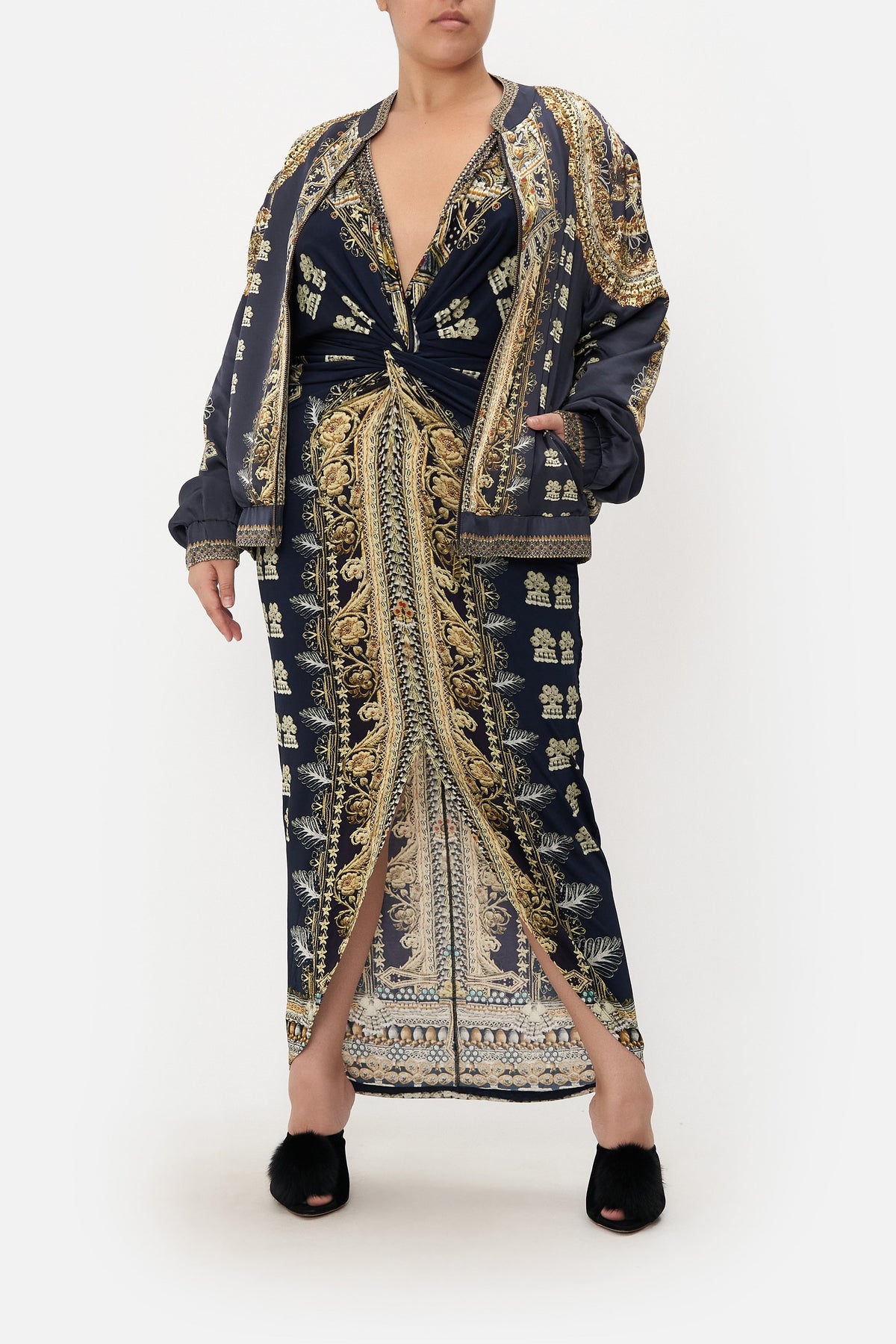 LONG SPLIT FRONT TWIST DRESS ITS ALL OVER TORERO