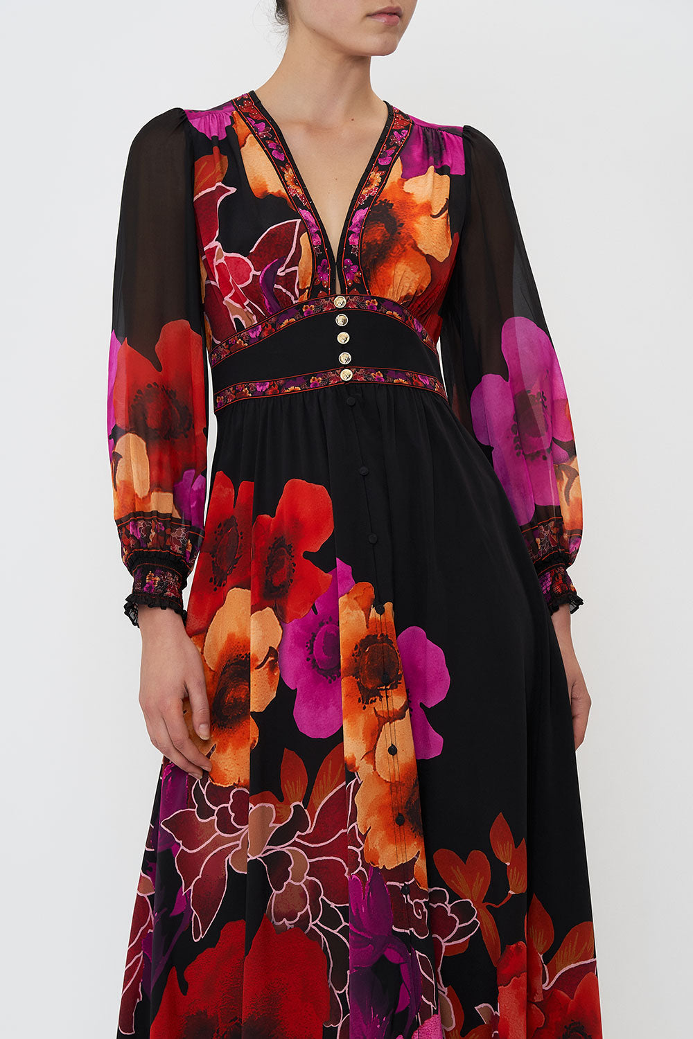 BUTTON DRESS WITH SHAPED WAISTBAND MIDNIGHT POPPY