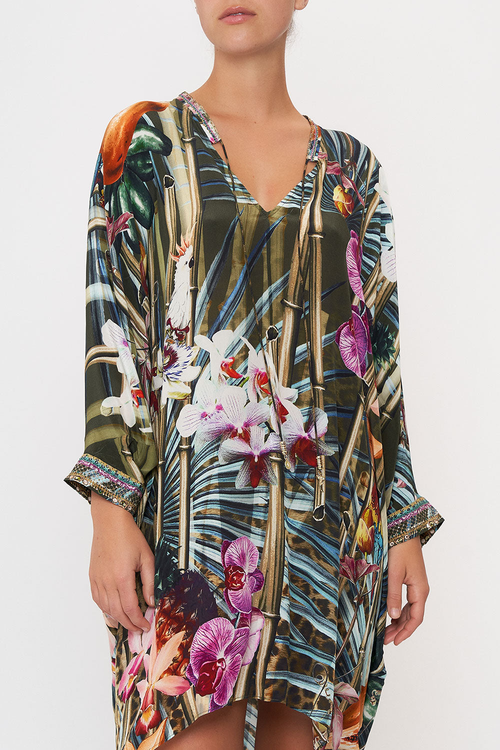 V-NECK DRESS WITH DRAPED BACK PASSPORT TO PARADISE