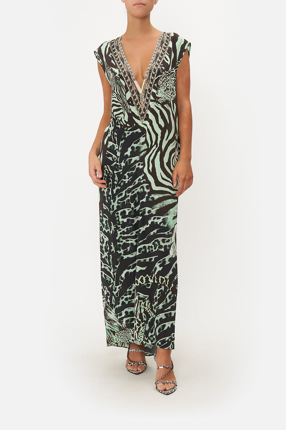 SLEEVELESS DRAPE BACK DRESS LEOPARD LORE