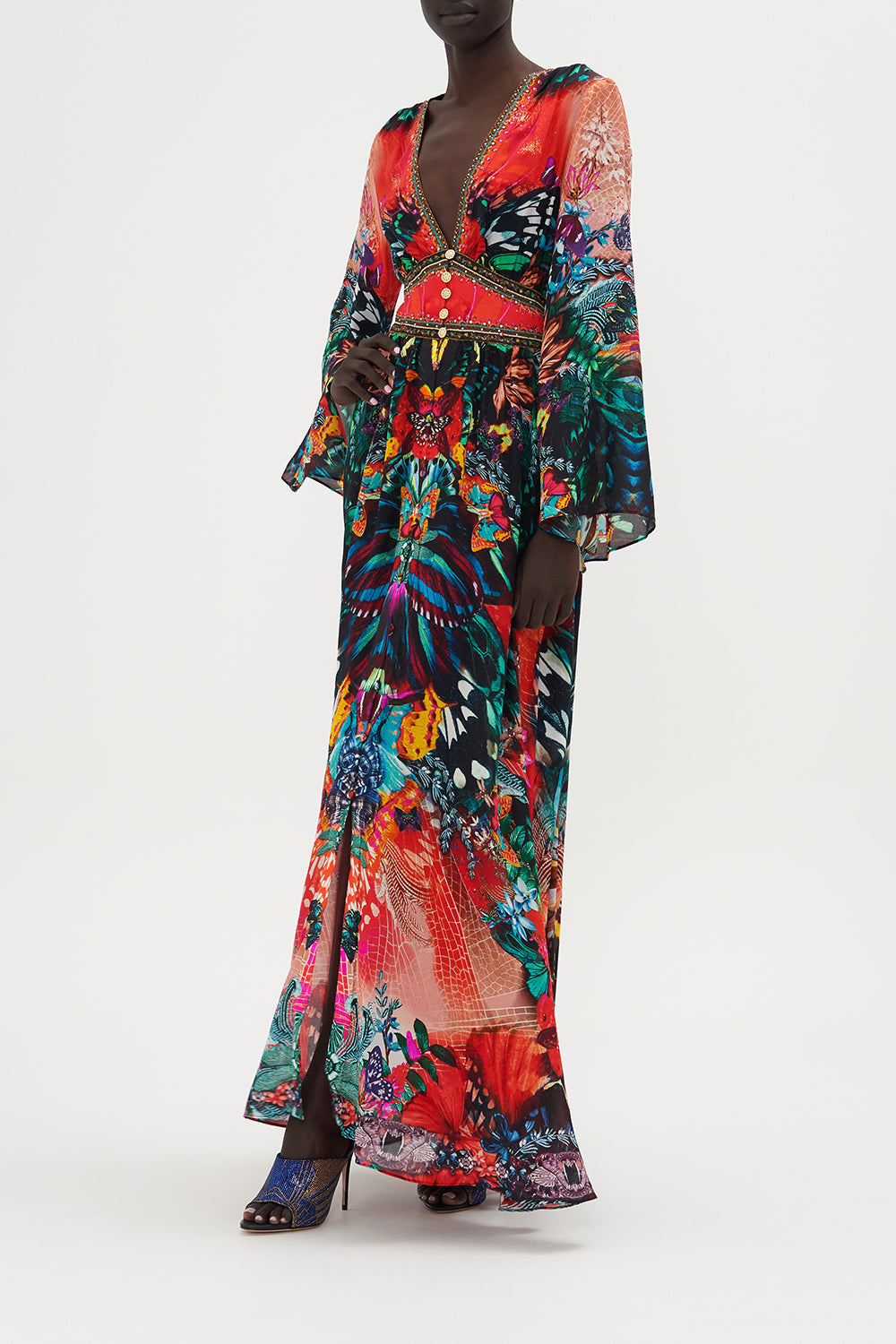 KIMONO SLEEVE DRESS WITH SHIRRING DETAIL IN A FLUTTER