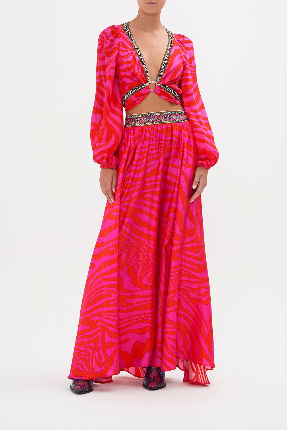 TIE FRONT BLOUSON SLEEVE BLOUSE ZEBRA ZONE