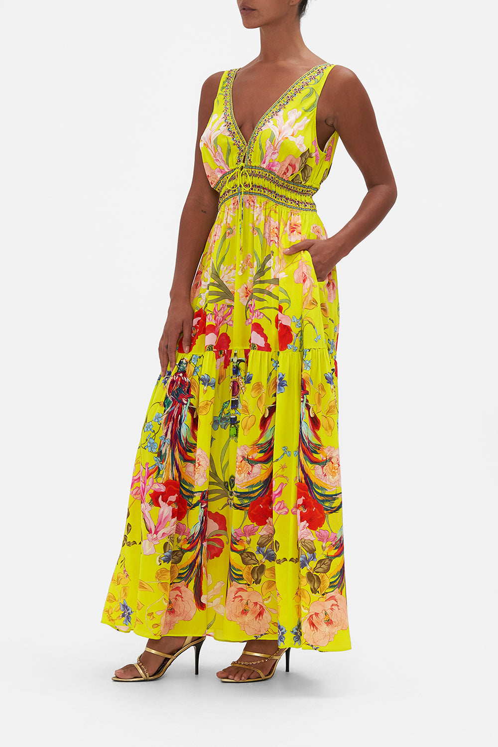 SHIRRED WAIST DETAIL LONG DRESS PEACOCK PROUD