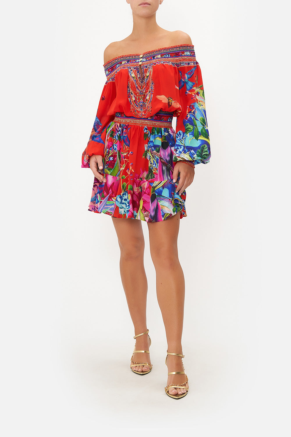 OFF SHOULDER SHORT DRESS BIRDS OF A FEATHER
