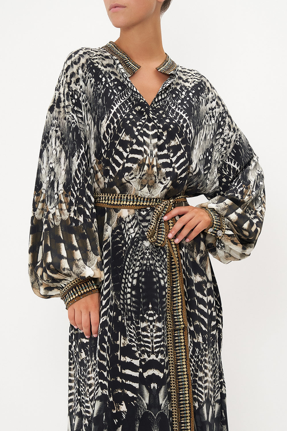 BLOUSON SLEEVE PLACKET DRESS NIGHT OWL