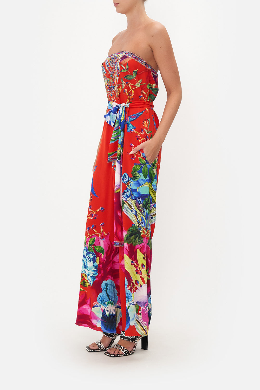 TIE WAIST STRAPLESS JUMPSUIT BIRDS OF A FEATHER