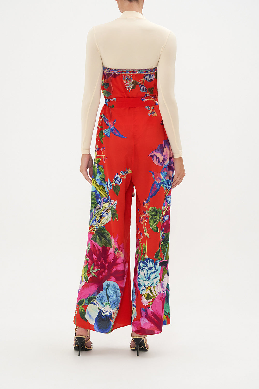 TIE WAIST STRAPLESS JUMPSUIT BIRDS OF A FEATHER