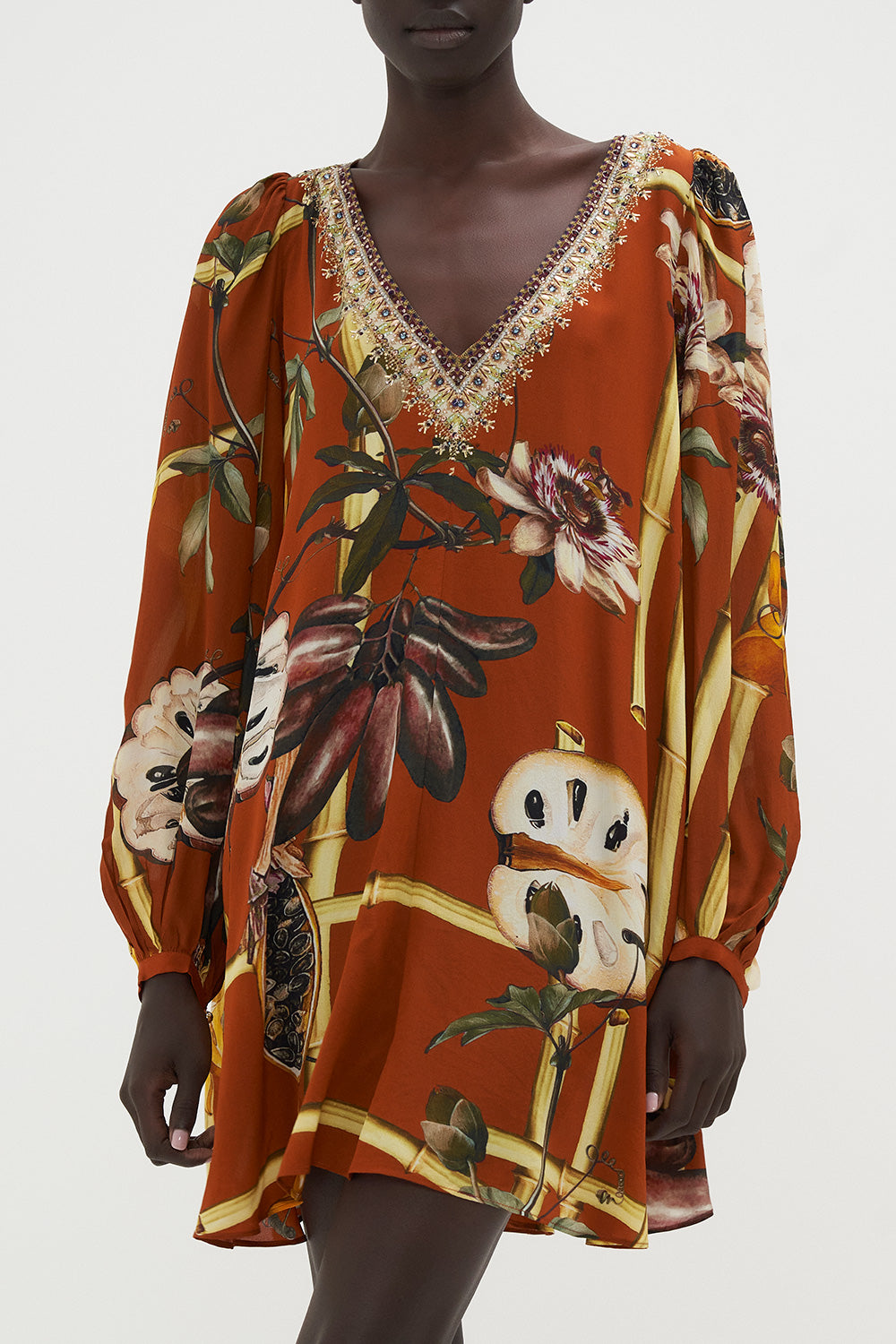 V NECK BLOUSON SLEEVE DRESS GARDEN OF EVE