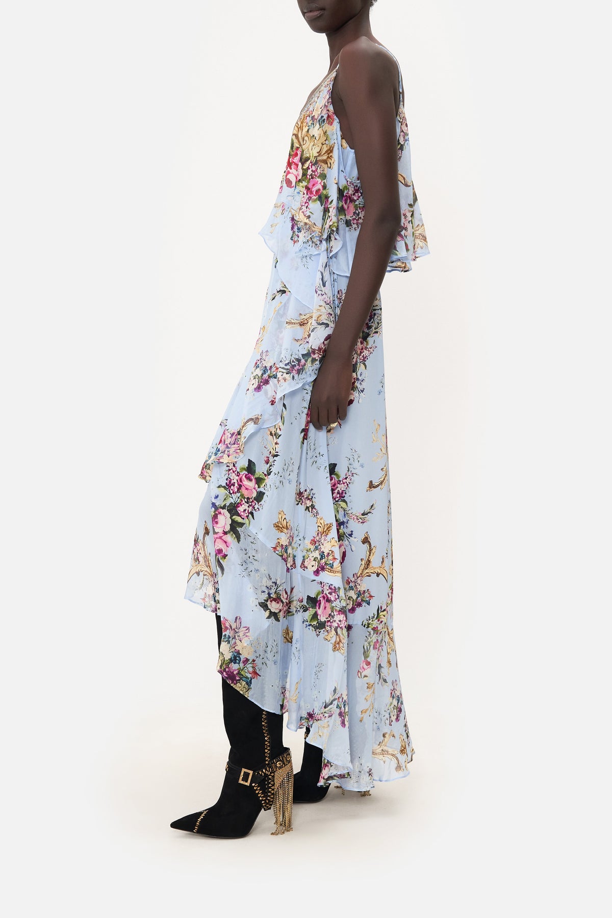 RUFFLE OVERLAYER WRAP DRESS FLORAFUL