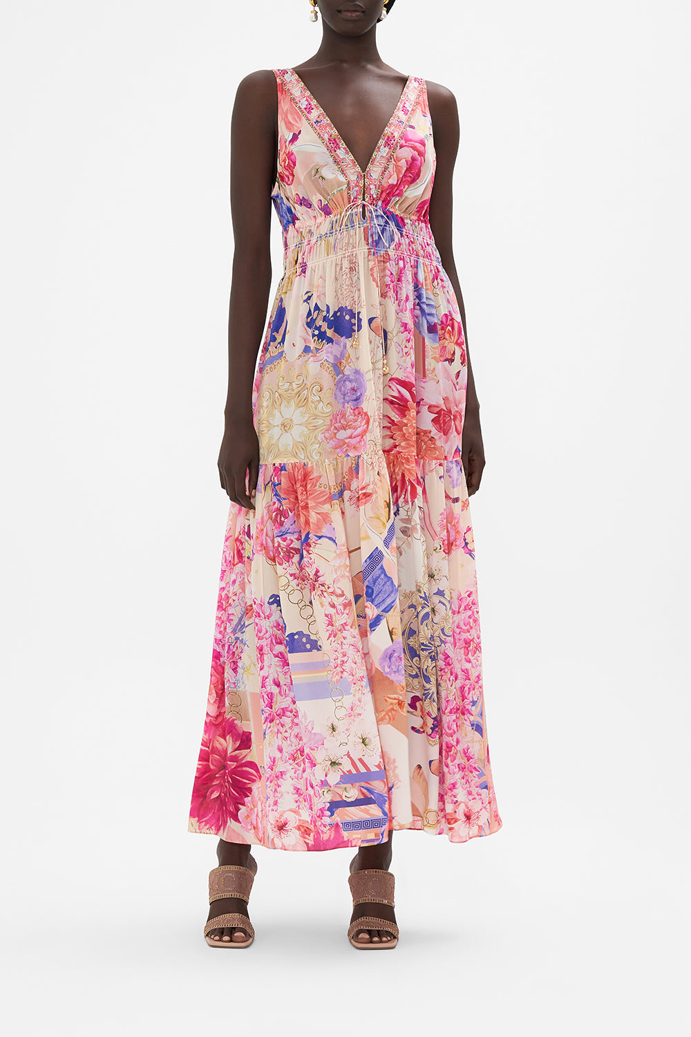 Shirred Waist Detail Long Dress Rose Bed Rendezvous print by CAMILLA