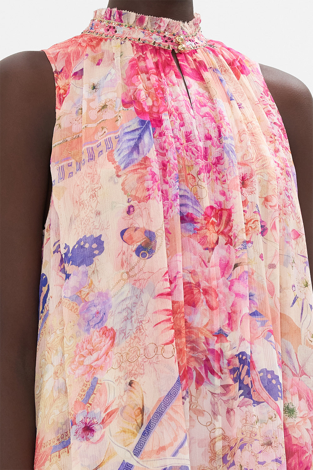 HIGH NECK RUFFLE DRESS ROSE BED RENDEZVOUS