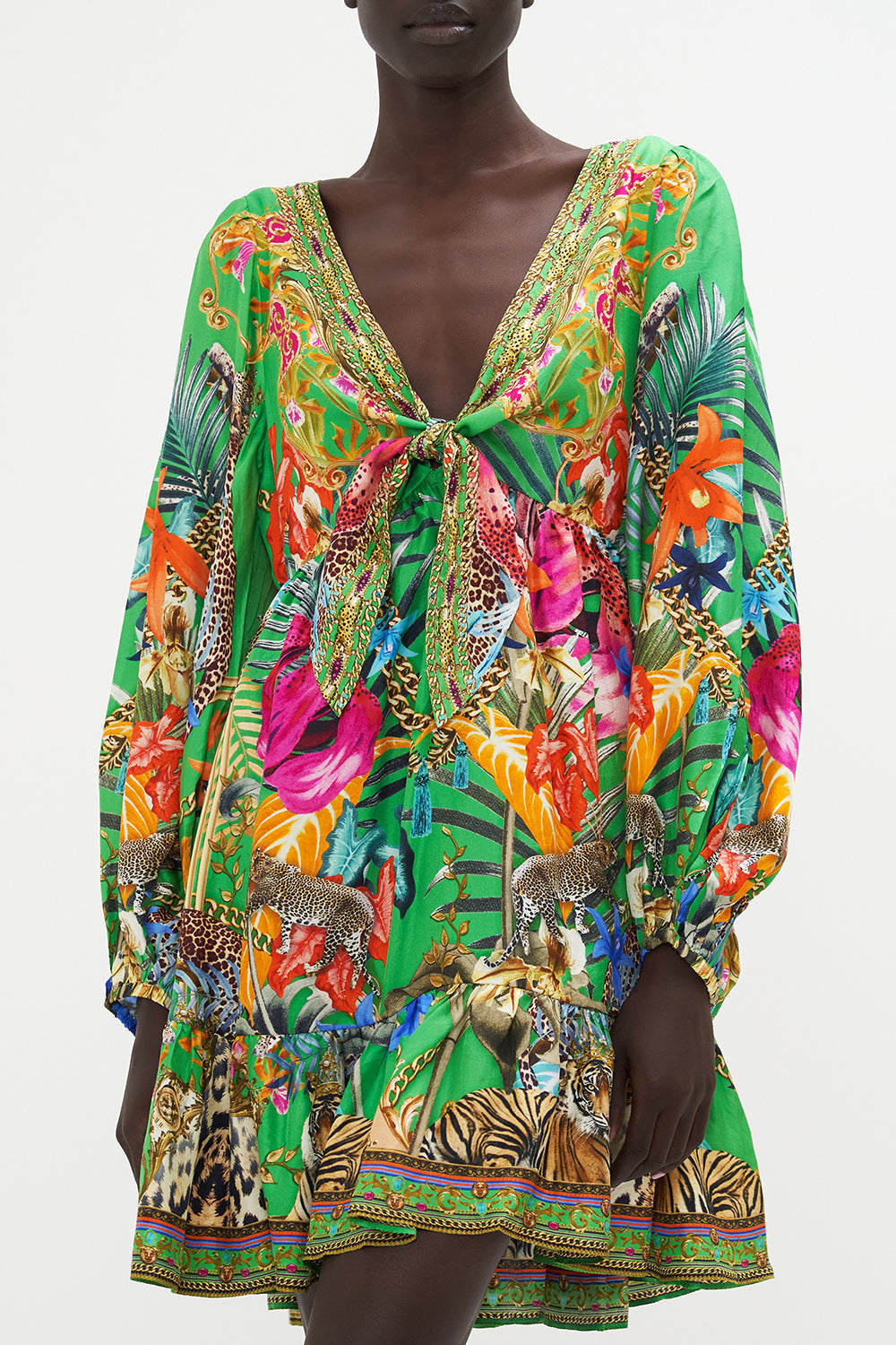 SHORT TIE FRONT BLOUSON DRESS CURIOUS AND CURIOUSER