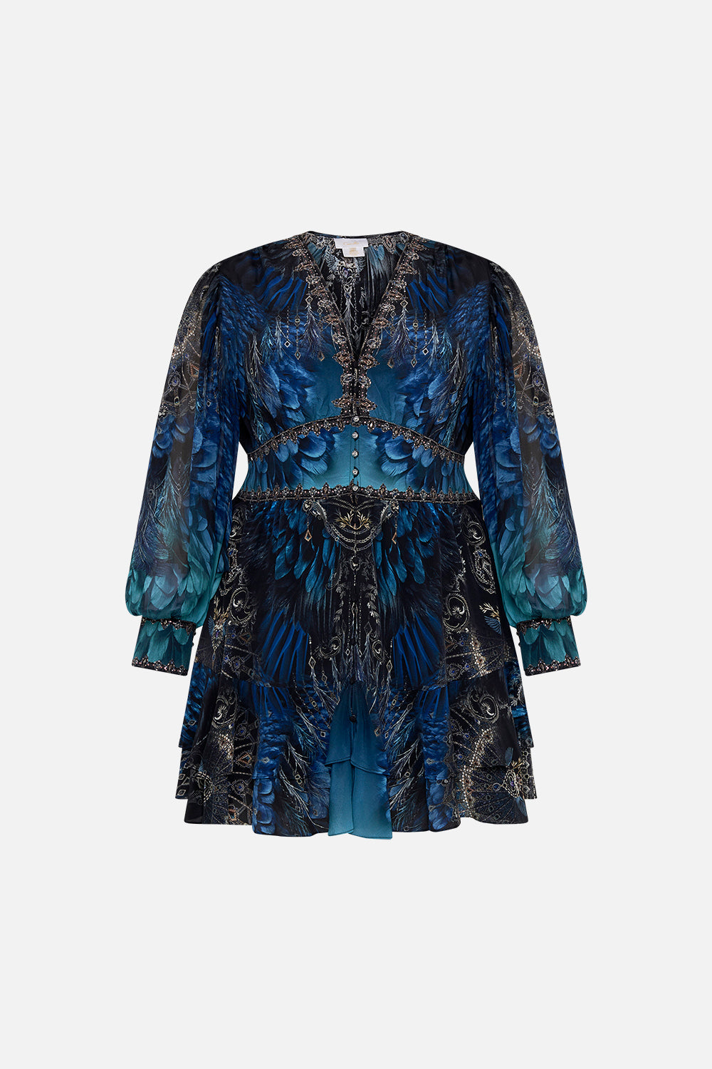 CAMILLA plus size blue silk dress in Ground Control print