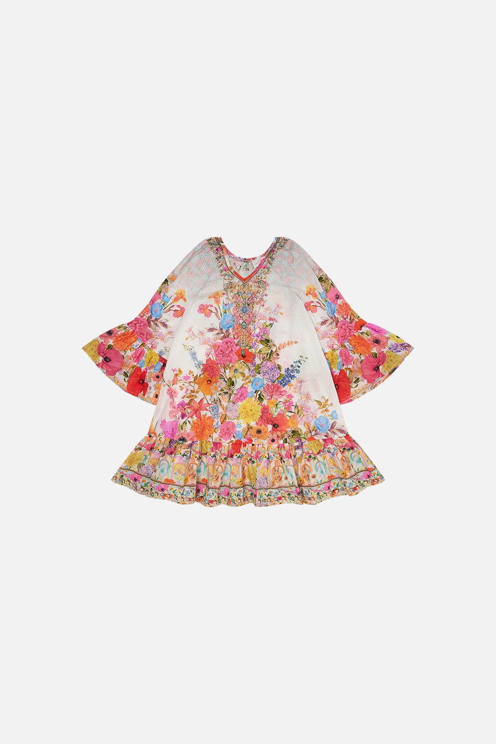 Kids A-Line Gathered Dress 4-10 Sunlight Symphony print by CAMILLA