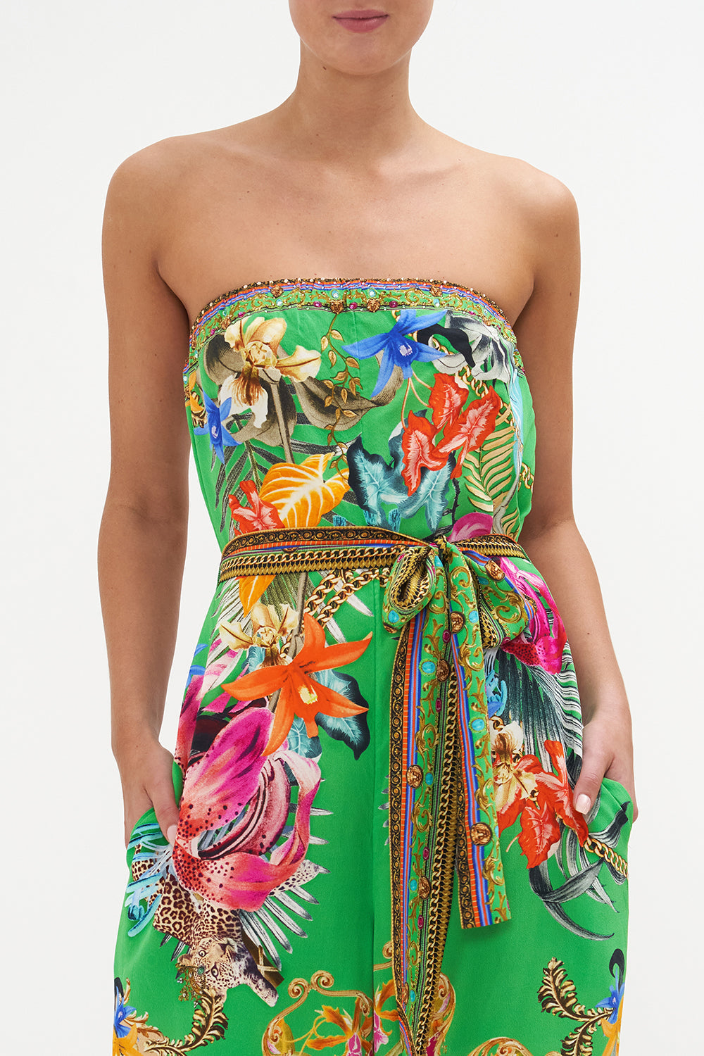 TIE WAIST STRAPLESS JUMPSUIT CURIOUS AND CURIOUSER