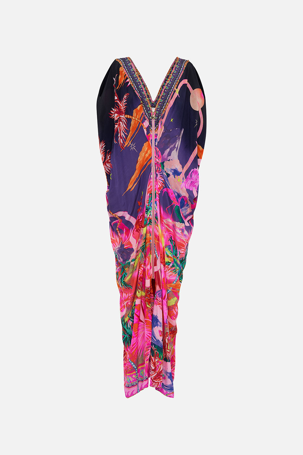 LONG DRAPE DRESS WITH ZIP FRONT FLIGHT OF THE FLAMINGO