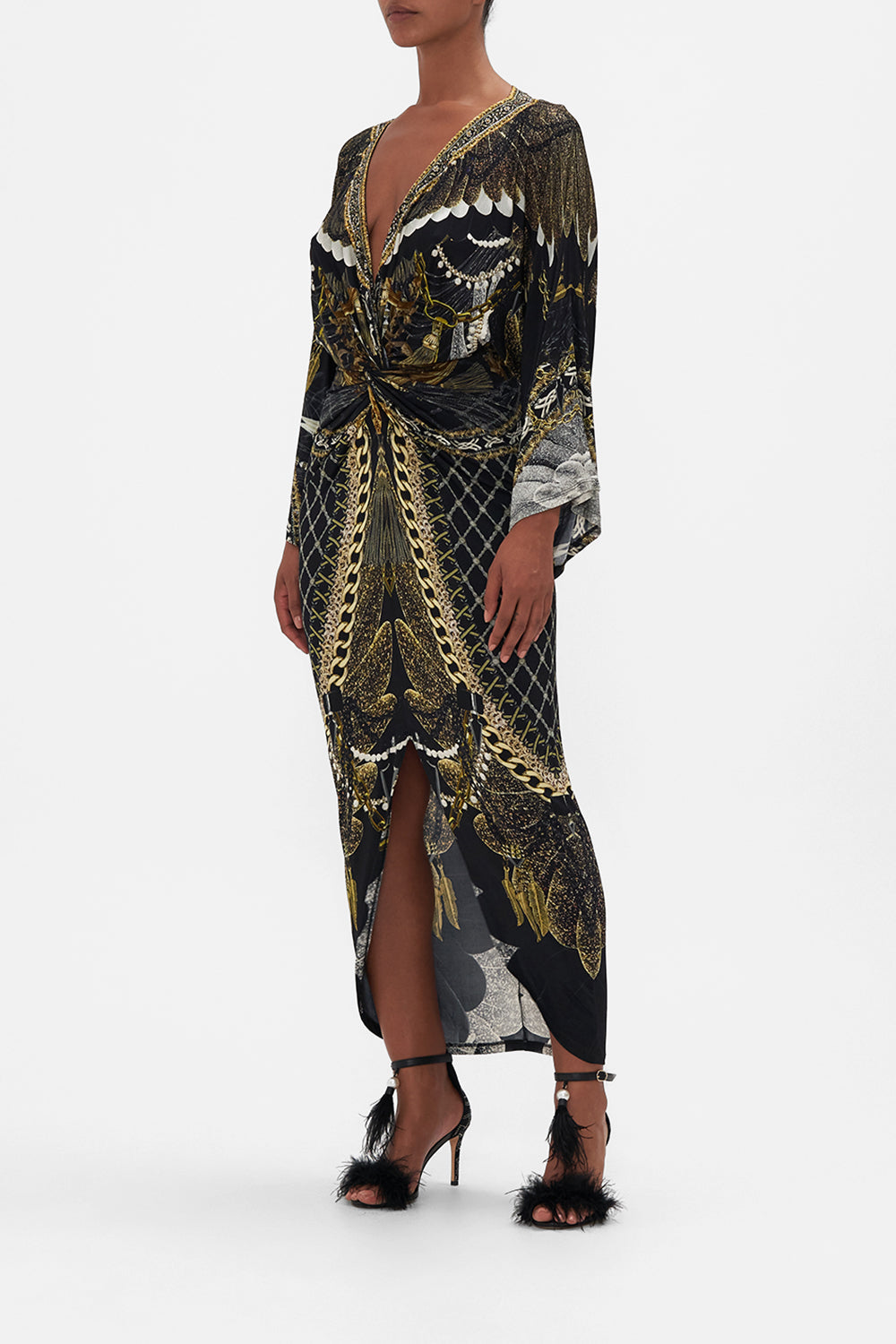 LONG SPLIT FRONT TWIST DRESS RAVIN RAVEN