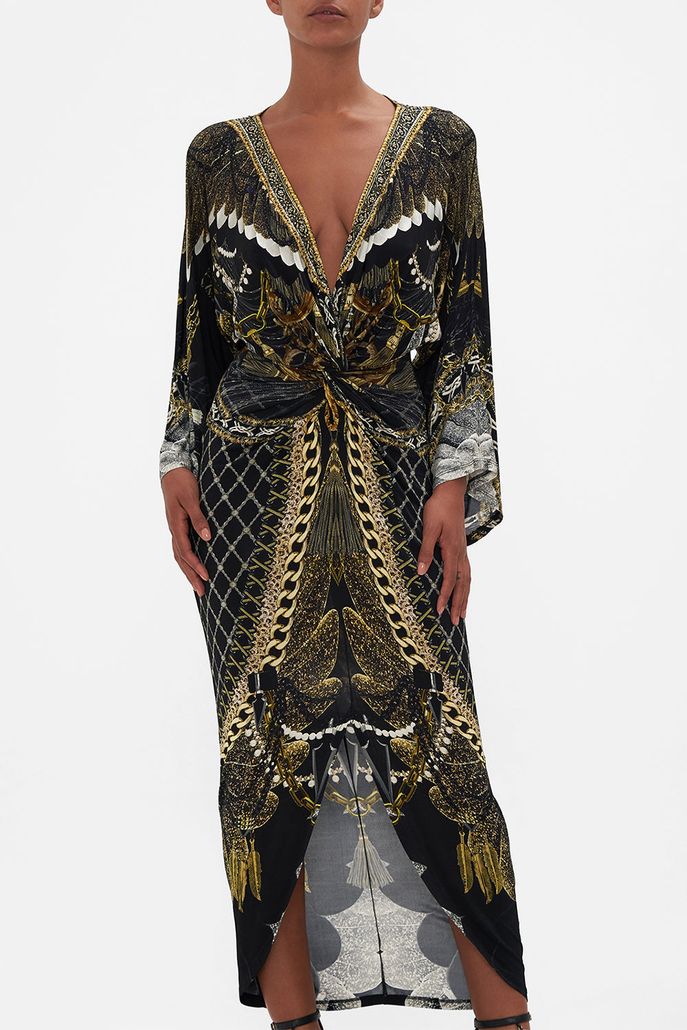 LONG SPLIT FRONT TWIST DRESS RAVIN RAVEN