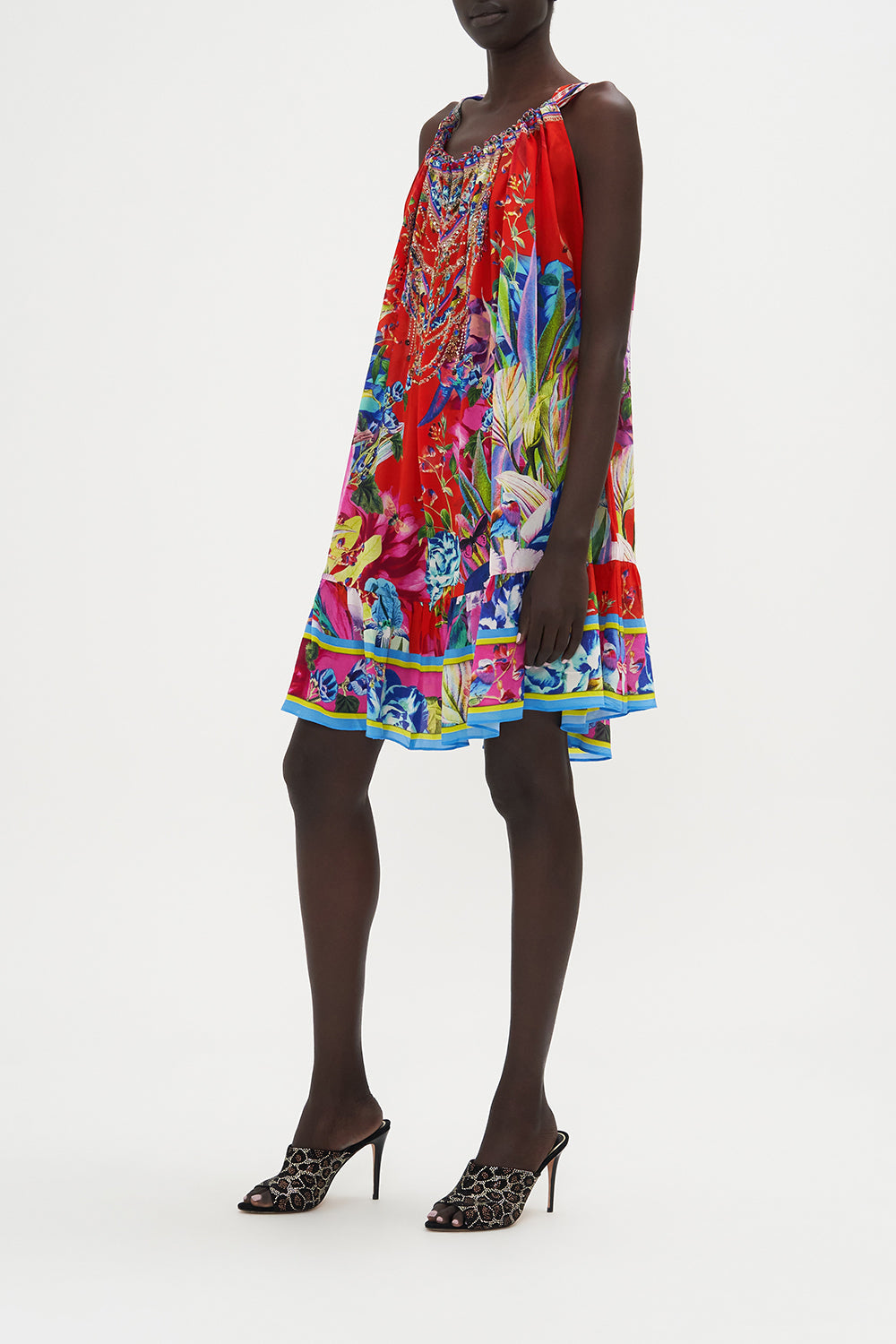 SHORT DRAWSTRING FRILL DRESS BIRDS OF A FEATHER