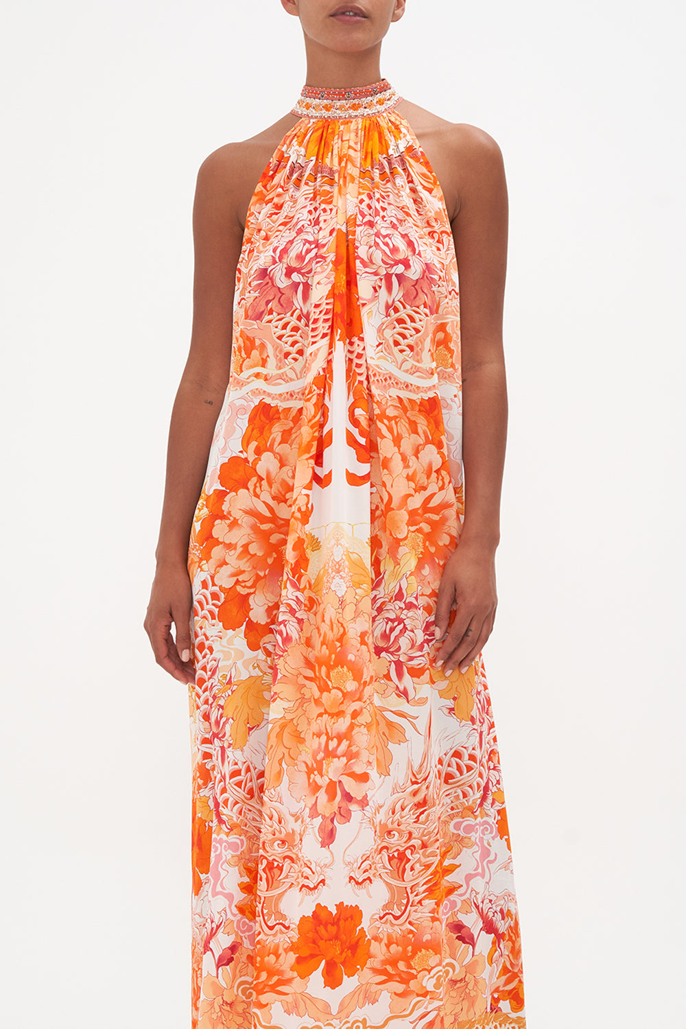 TIE NECK LONG DRESS DRAGON MOTHER