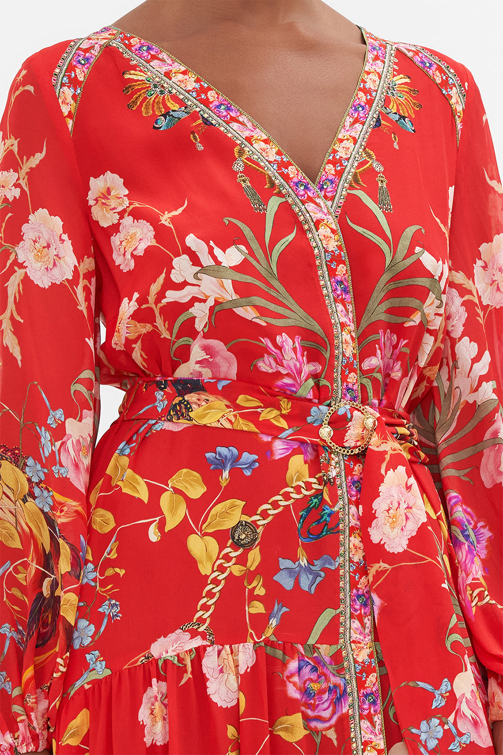 V NECK DRESS WITH BELT RUFFLE SOME FEATHERS