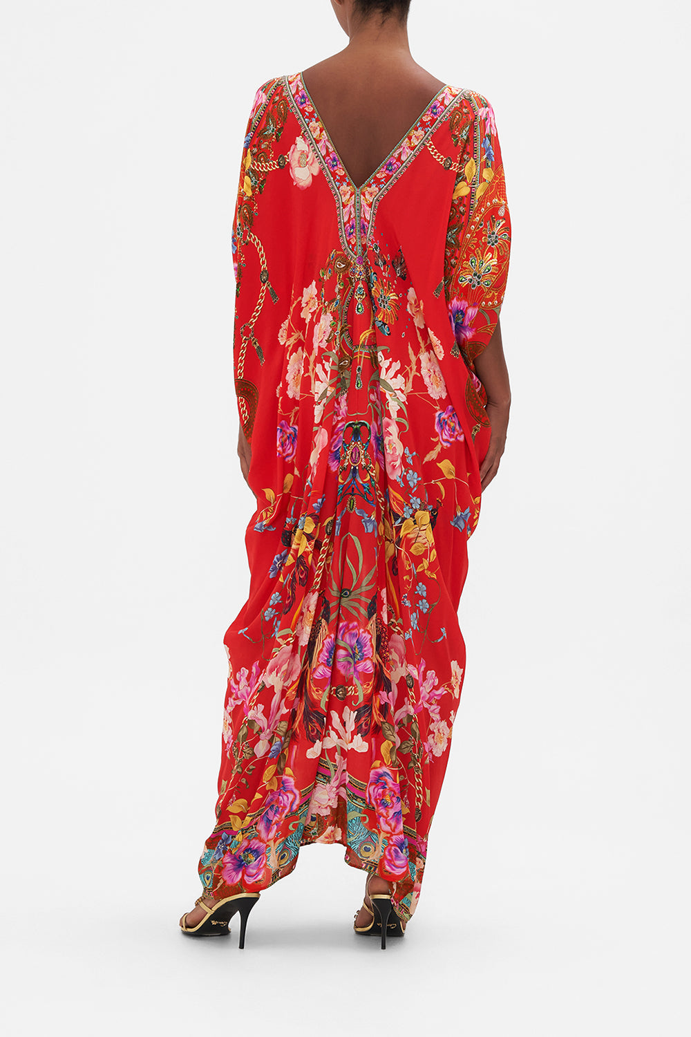 LONG DRAPE DRESS WITH ZIP FRONT RUFFLE SOME FEATHERS