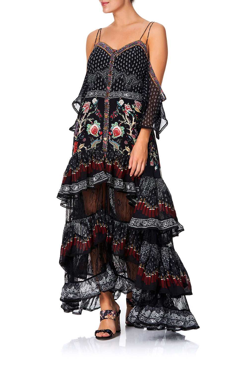 BUTTON-UP HIGH LOW DRESS WITH RUFFLE DETAIL HAUTE PROVINCIAL