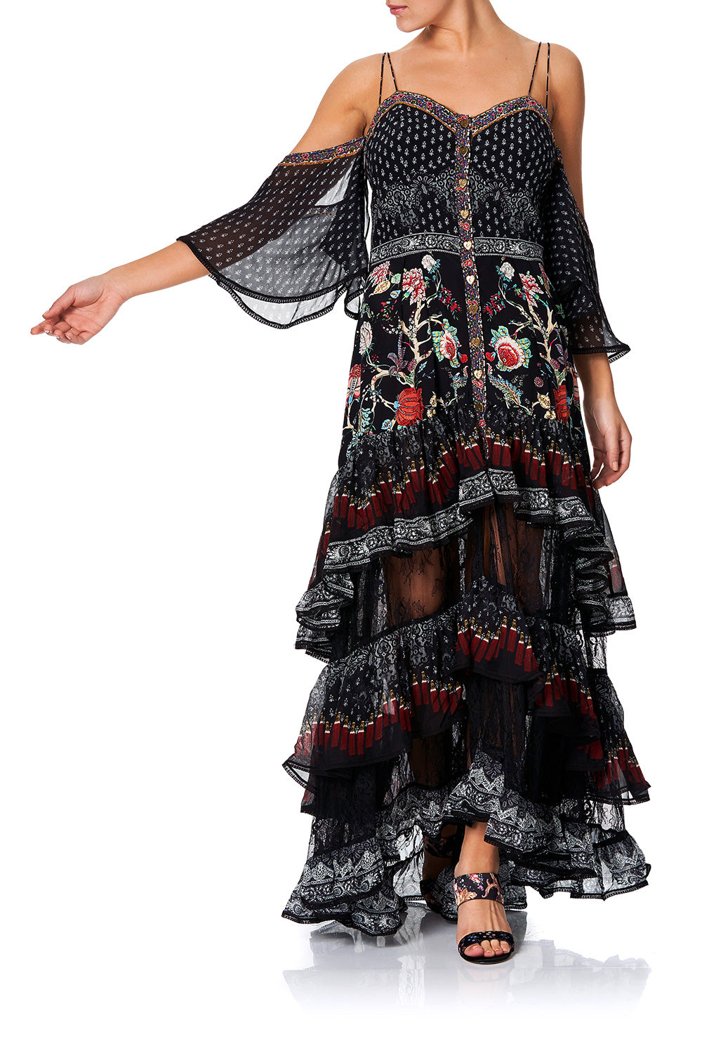 BUTTON-UP HIGH LOW DRESS WITH RUFFLE DETAIL HAUTE PROVINCIAL