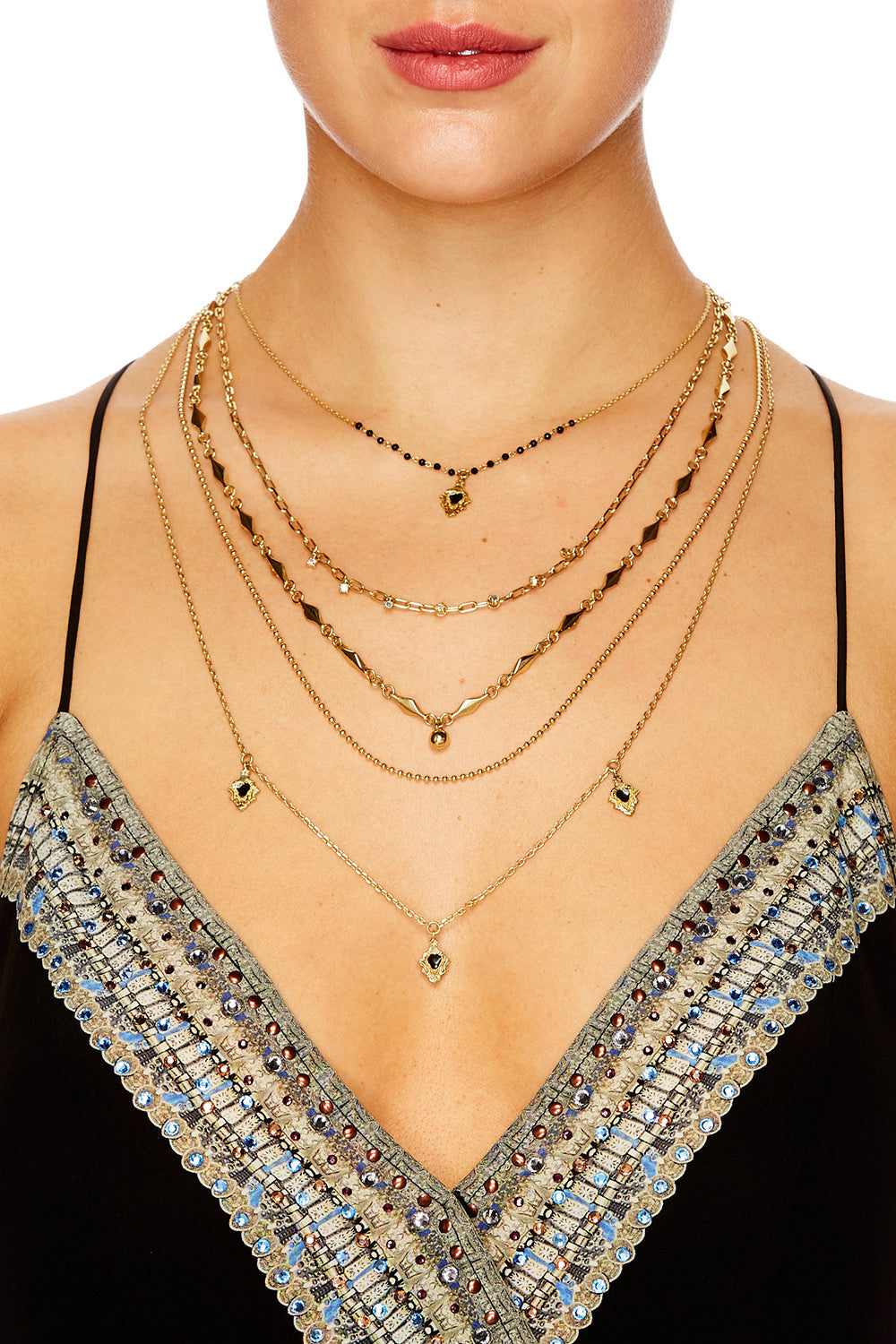 GOLD BRASS BEADED NECLACE W CHAINS