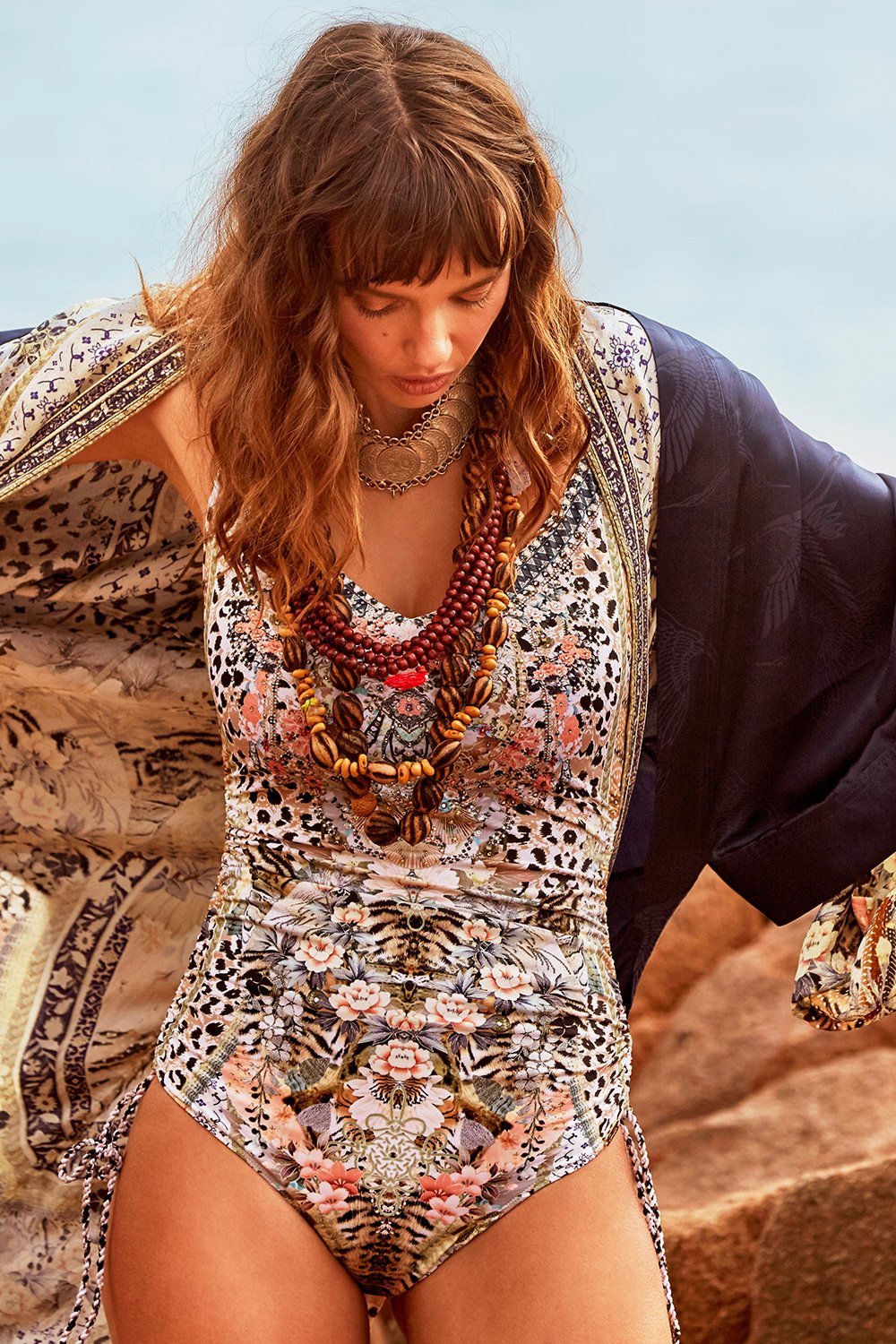 ROUCHED SIDE V-NECK ONE PIECE MOTO MAIKO