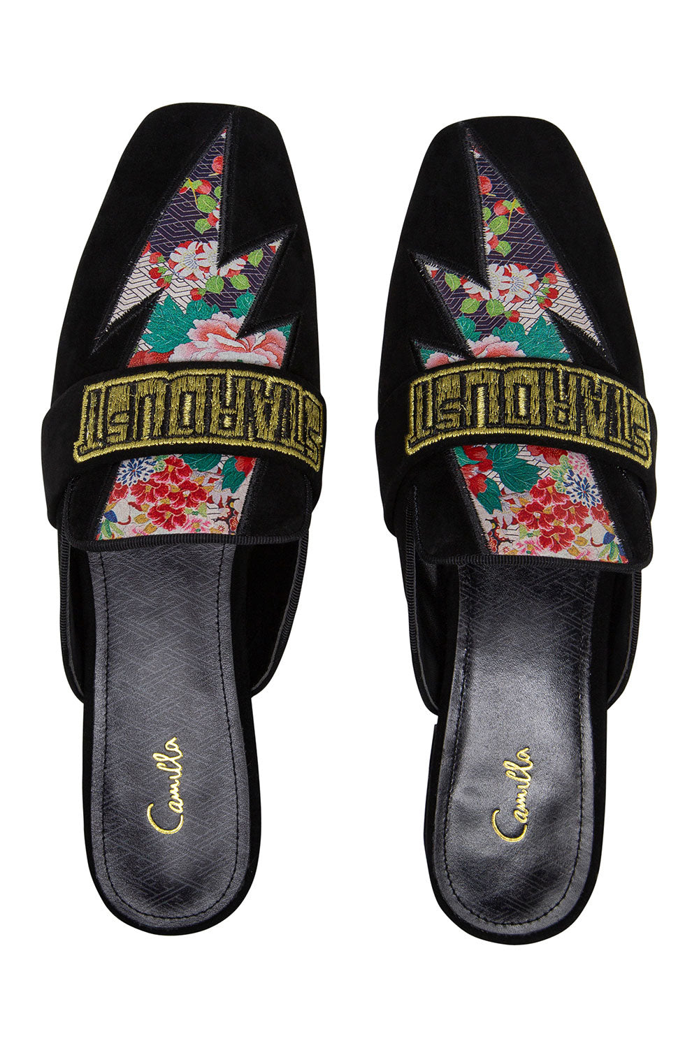 CAMILLA BLACK SQUARE TOE SLIPPER WITH STRAP