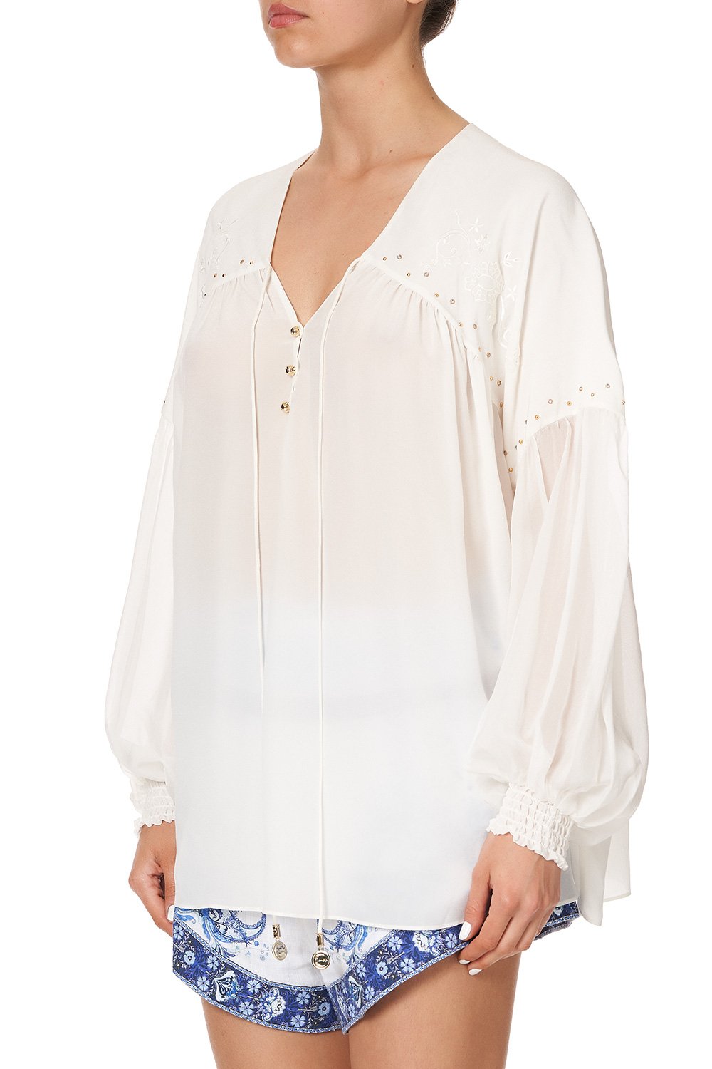 BLOUSON BLOUSE WITH NECK TIE SOLID WHITE