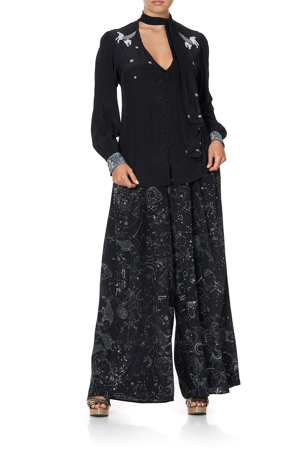 BUTTON DOWN BLOUSE WITH NECK TIE ASTRO DISCO