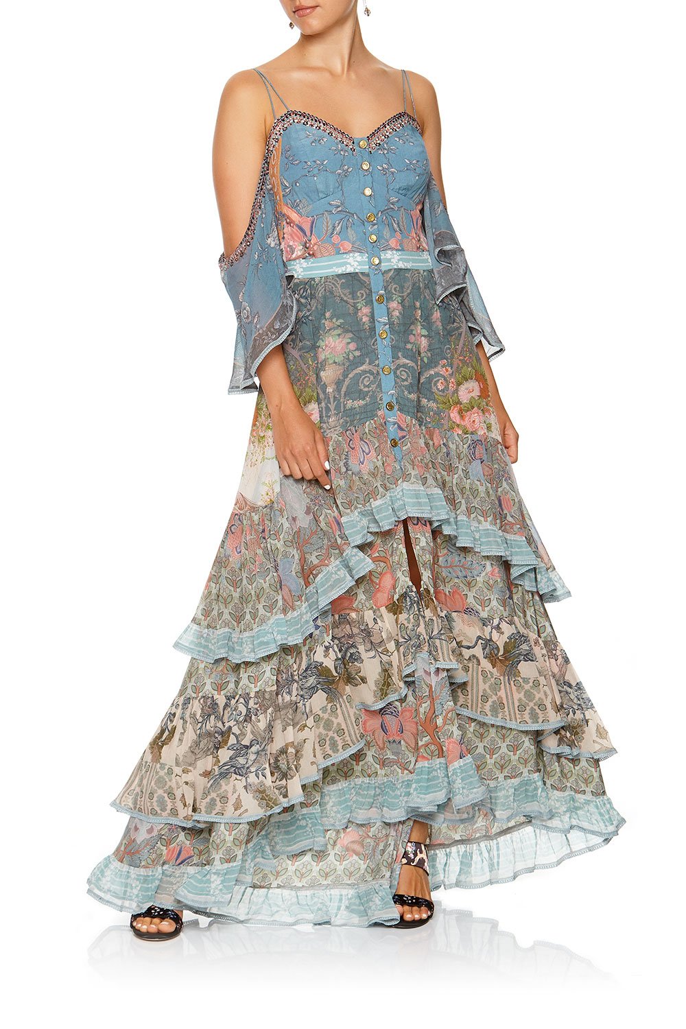 BUTTON-UP HIGH LOW DRESS WITH RUFFLE DETAIL BLANCHES BLESSING