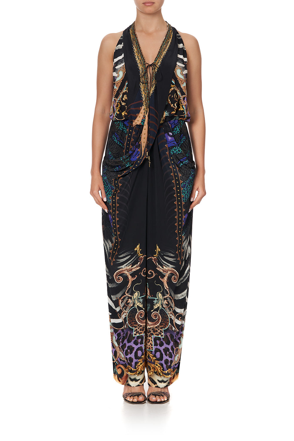 DRAPED FRONT BODICE JUMPSUIT WITH NECK TIE SHES GOT GRACE