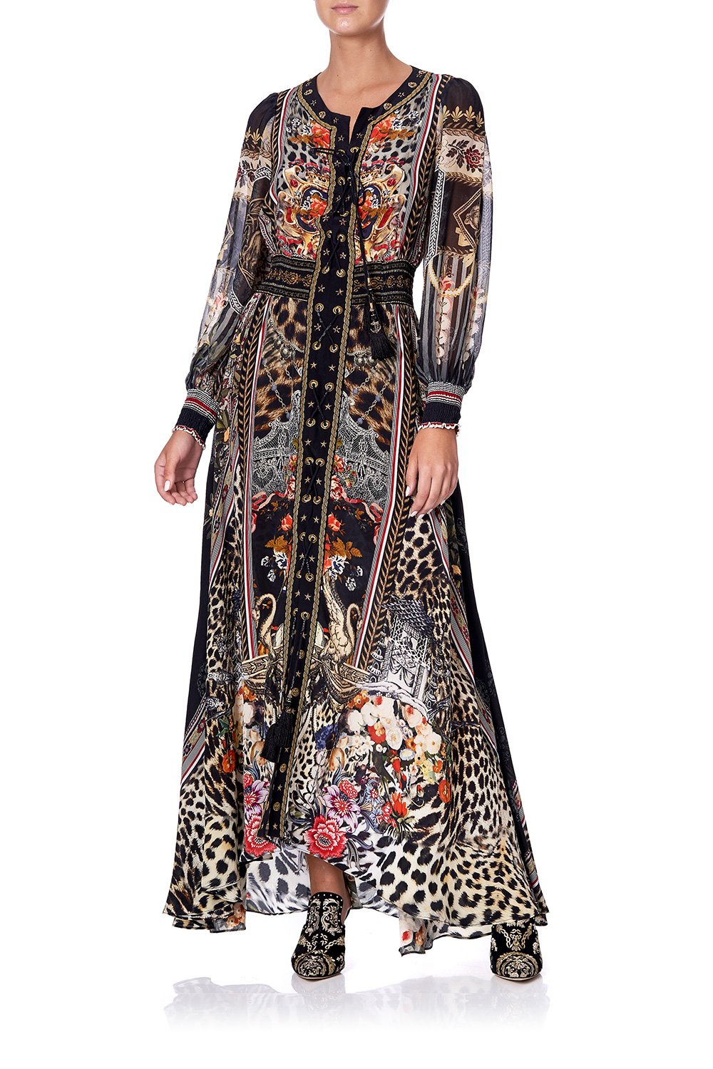 LACE UP DRESS WITH BLOUSON SLEEVE MARAIS AT MIDNIGHT