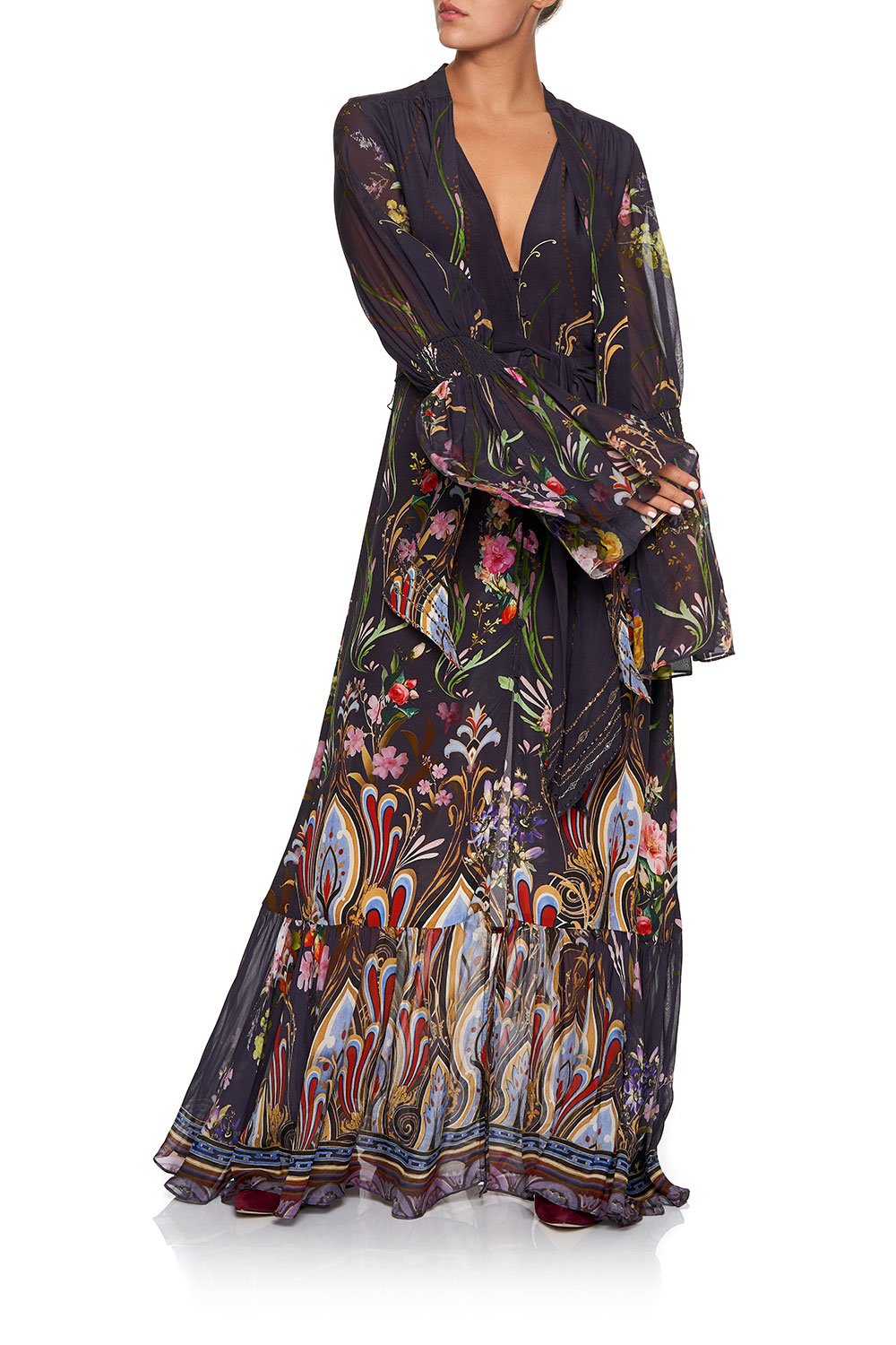 CAMILLA ELASTIC SLEEVE TIE FRONT DRESS WILD FLOWER