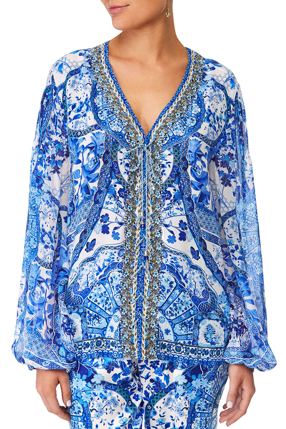 CAMILLA ETERNITYS EMPIRE PEASANT BLOUSE WFRONT LACING