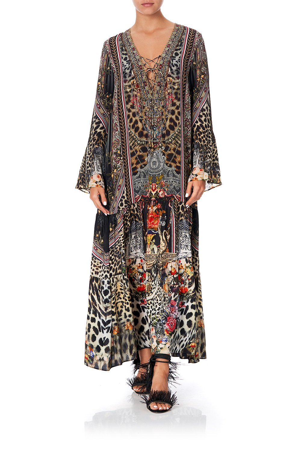 LACE UP DRESS WITH TIERED HEM MARAIS AT MIDNIGHT