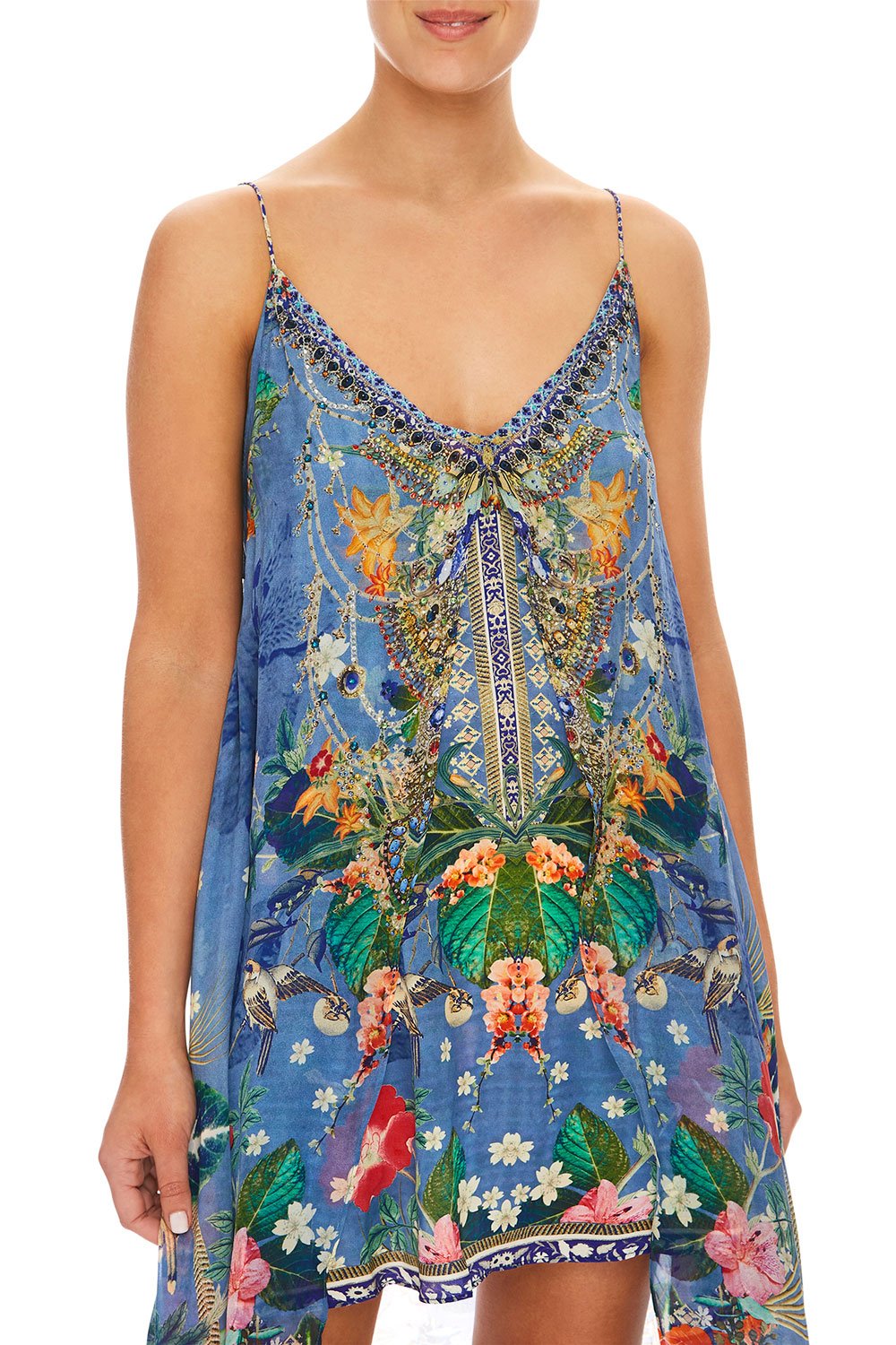 CAMILLA FARAWAY FLORALS FLARED MINI W/ SHEER OVERLAY